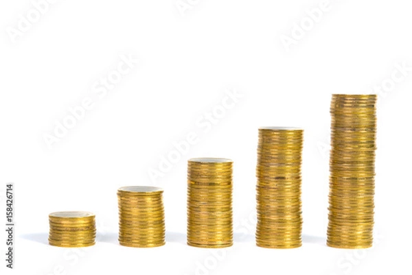 Fototapeta Increasing columns of coins, piles of gold coins arranged as a graph on white background