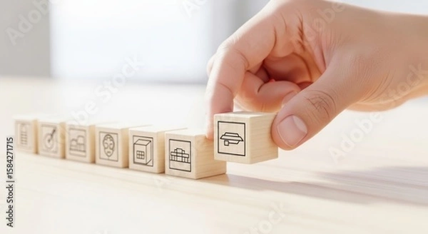 Fototapeta Photo of a hand places a wooden block with a car icon, representing business strategy and development