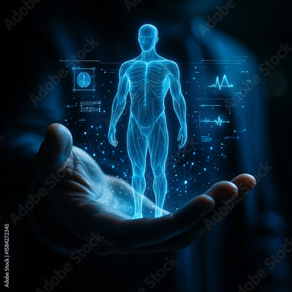 Fototapeta AI generated digital hologram of male anatomy hovering above human hand showing medical data and diagnostics in a futuristic sci-fi user interface for advanced health technology concept