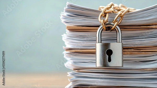 Fototapeta Secure Documents Padlock and Chain Guard Confidential Information Stacked on Paperwork