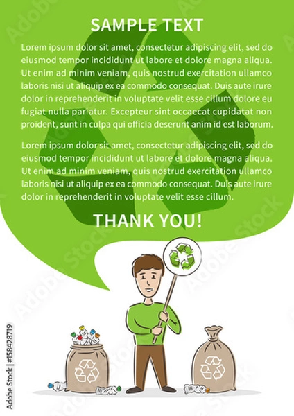 Fototapeta Man with recycle sign and garbage sacks for plastic bottles vector illustration. Plastic recycling creative poster with sample text. Ecological banner template.