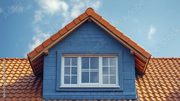 Obraz Blue house rooftop with orange tile roof under bright sky and soft clouds, showing window with white frame and grid pattern, peaceful and clear weather scene