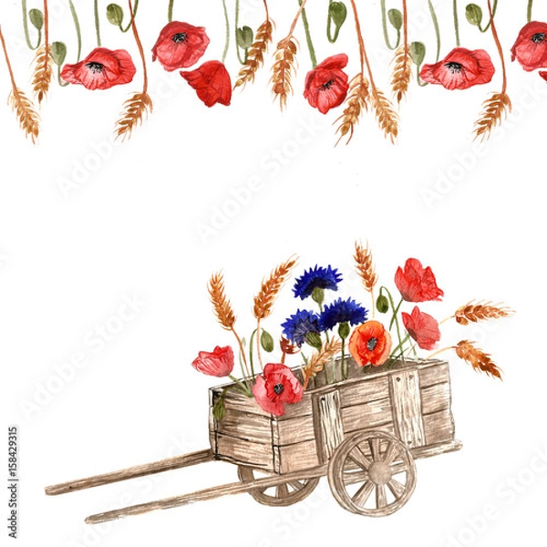 Fototapeta Watercolor cart with flowers on white background