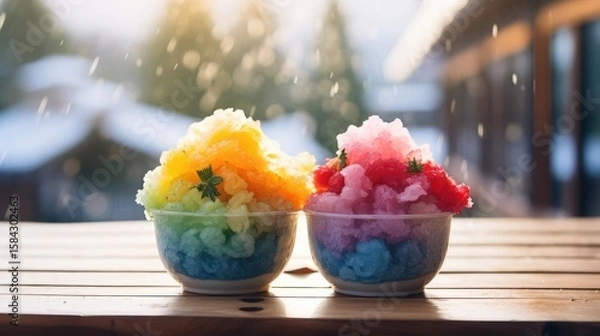 Fototapeta Colorful shaved ice dessert on a wooden table.