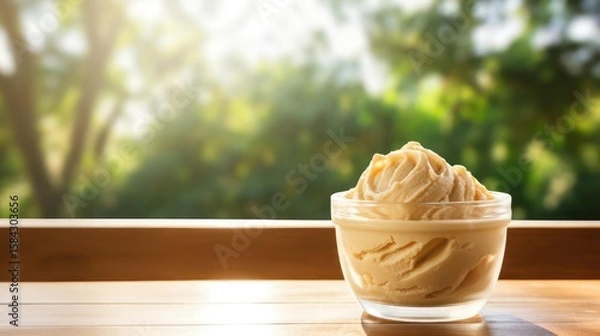 Fototapeta A bowl of creamy ice cream on a wooden table.
