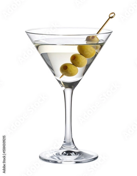Fototapeta A classic martini cocktail with olives, presented in a stemmed glass, isolated on transparent background.