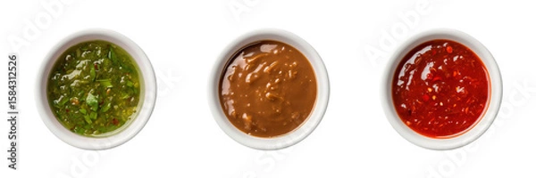 Fototapeta Green salsa verde, satay peanut, siracha sauce in white ceramic bowl transparent PNG cutout set bundle, isolated background. Vibrant colorful flavor cue, culinary food condiment