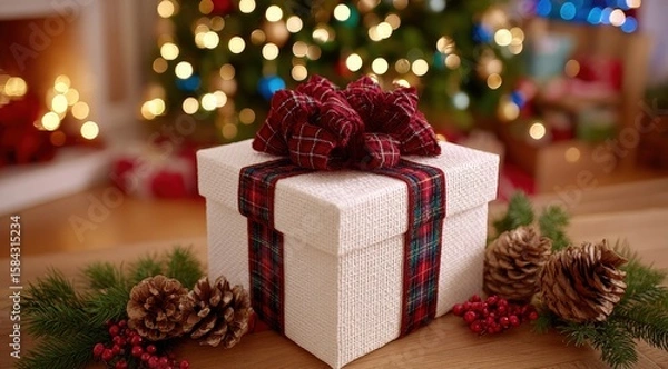 Fototapeta White gift box with red ribbon and pine cones on a white background, festive holiday decoration.