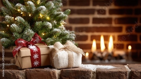 Fototapeta Two wrapped Christmas presents on a brick ledge beside a decorated tree in warm indoor lighting.