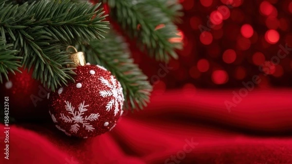 Fototapeta Red and white Christmas ornament resting on a textured red blanket, close-up with soft lighting.