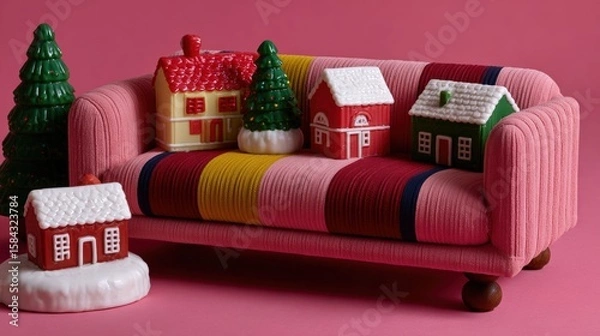 Fototapeta Small colorful houses arranged on a bright pink couch in a well-lit indoor setting.