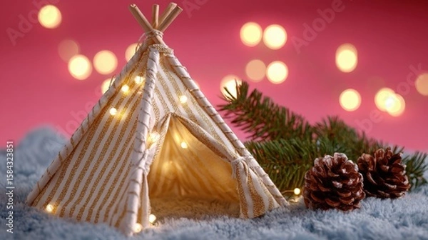 Fototapeta Cozy teepee with string lights and pine cone on blanket, warm indoor setting, soft ambient glow.
