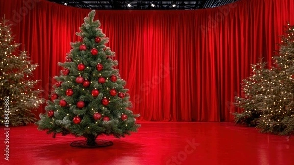 Fototapeta Decorated Christmas trees in a red room with matching red curtains, festive holiday indoor setting.