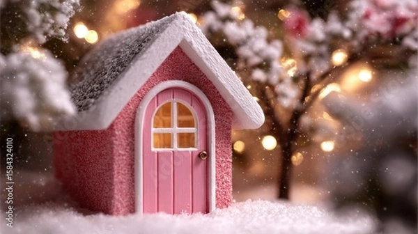Fototapeta Small pink house with matching door surrounded by snow under a bright daylight sky.
