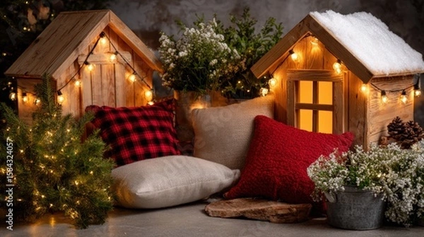 Fototapeta Three small illuminated wooden houses with warm lights on a dark background, cozy nighttime scene.