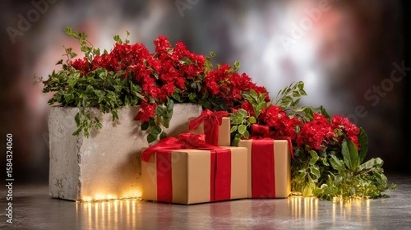 Fototapeta Two gift boxes with floral patterns on a wooden table decorated with fresh flowers in natural daylight.