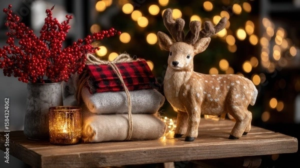 Fototapeta Deer statue and lit candle on wooden table with blurred warm background, cozy indoor evening scene.