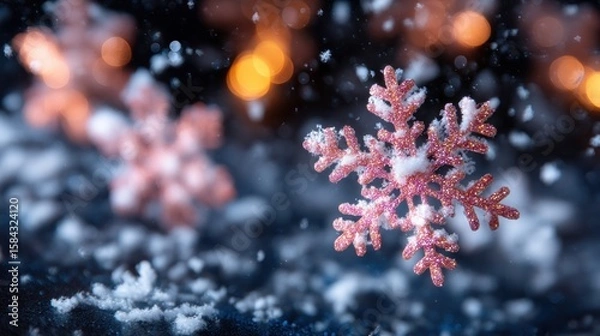 Fototapeta Close-up of a delicate snowflake resting on fresh white snow outdoors in bright daylight.