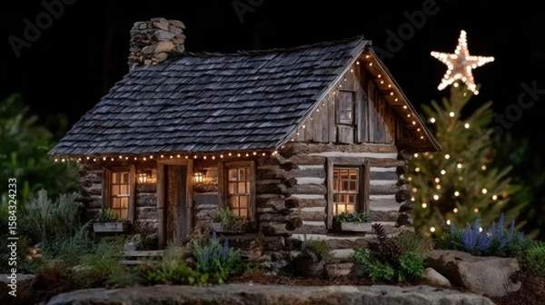 Fototapeta Small rustic log cabin with a decorative star on the roof, surrounded by natural outdoor setting.