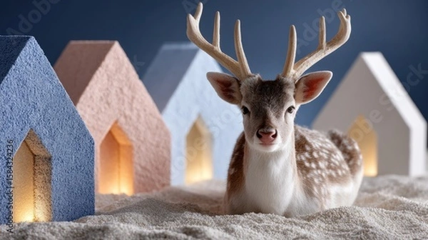 Fototapeta Deer resting on sandy ground near houses in a rural setting during daylight.