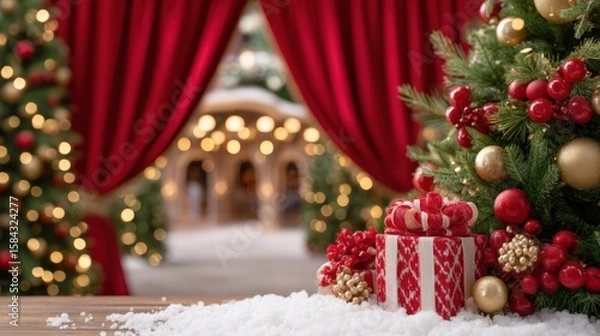 Fototapeta Christmas presents and festive decorations arranged on a table with a decorated tree in the background.
