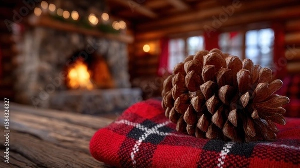 Fototapeta Close-up of a brown pine cone on a wooden table with a warm fireplace blurred in the background.