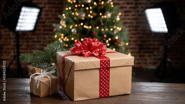 Fototapeta Wrapped gift box on wooden table with decorated Christmas tree blurred in background, festive indoor setting.
