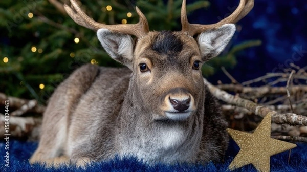 Fototapeta A deer resting calmly on green grass in a natural outdoor setting during daylight.