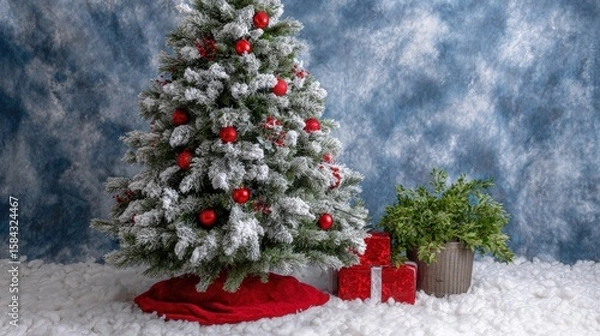 Fototapeta Small Christmas tree decorated with red ornaments and surrounded by wrapped presents on a white background.