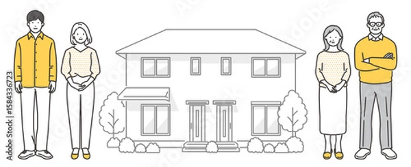 Obraz 二世帯住宅を買った若い夫婦とシニア夫婦のイラスト素材