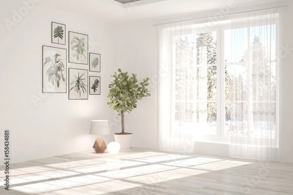 Fototapeta White empty room with winter landscape in window. Scandinavian interior design. 3D illustration