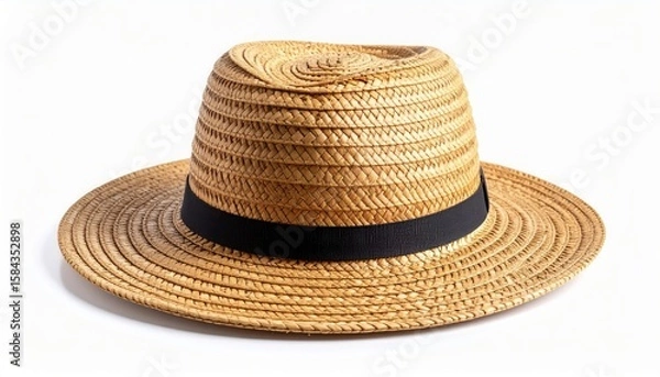 Fototapeta A close-up studio shot of a straw fedora hat with a brown band.