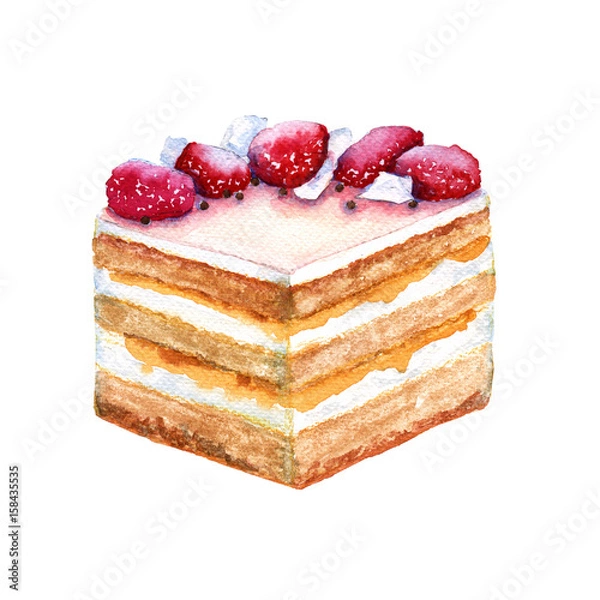 Fototapeta Portion biscuit cake with strawberries. Isolated on white background. 