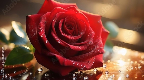 Fototapeta Dewy red rose close-up, vibrant and beautiful.