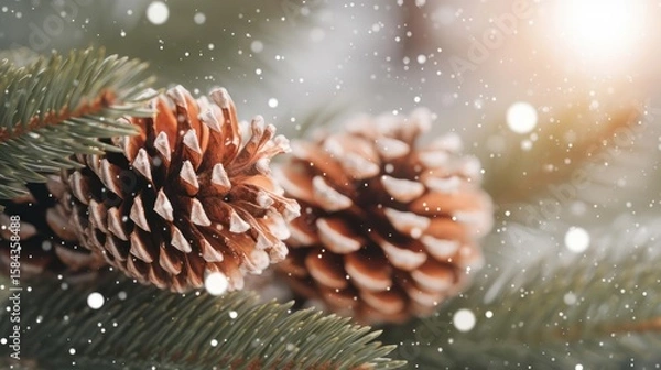 Fototapeta Pinecones and pine needles, winter close-up, snowy texture.