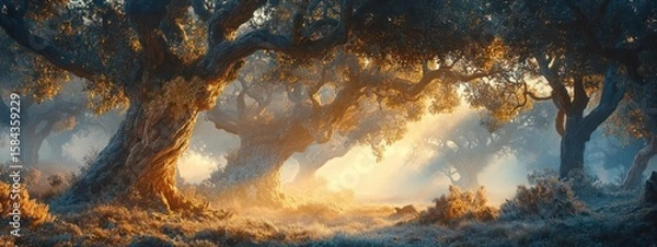 Fototapeta Sunlit forest path, ethereal glow, peaceful nature scene.