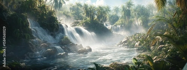 Fototapeta Lush jungle waterfall cascading into a vibrant river.