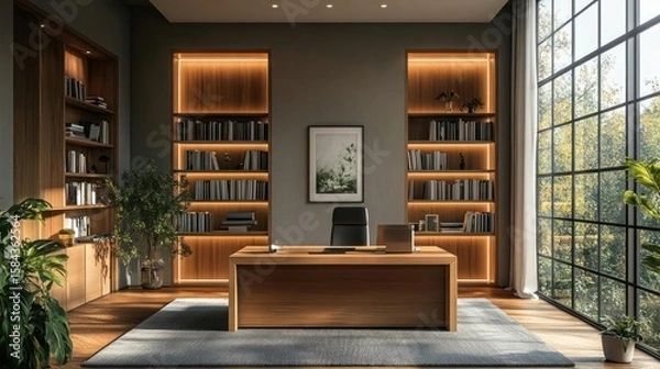 Fototapeta Stylish office with wooden bookshelves and large window view.