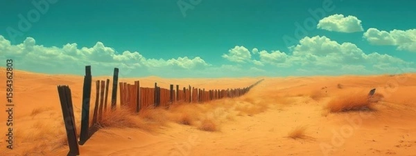 Fototapeta Desert landscape with a weathered fence under a green sky.