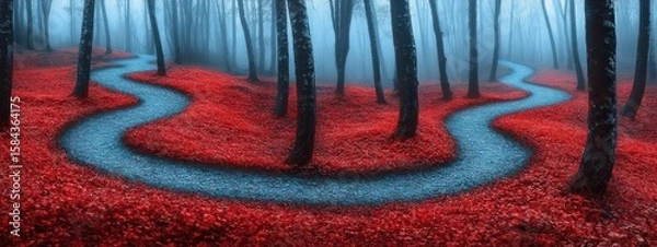 Fototapeta Eerie forest stream winding through red leaves.