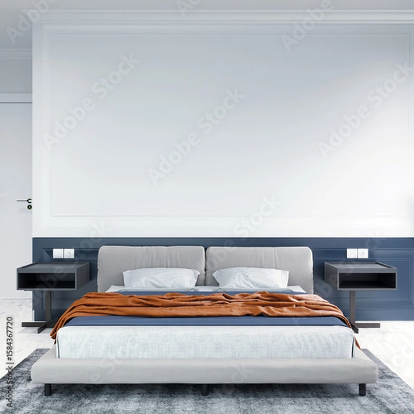 Fototapeta Modern home apartment and living and minimal bedroom with white and blue texture wall pattern background. 3d render.
