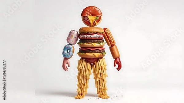 Obraz A human figure made of various fast foods on a light background, representing the concept of obesity and unhealthy eating habits. Generative AI