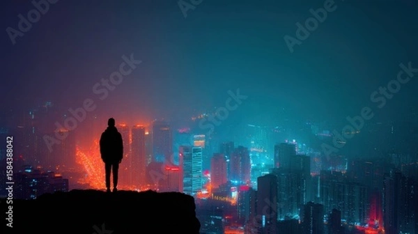 Fototapeta Lone silhouette gazes over a vibrant neon cityscape at dusk with contrasting orange and teal hues
