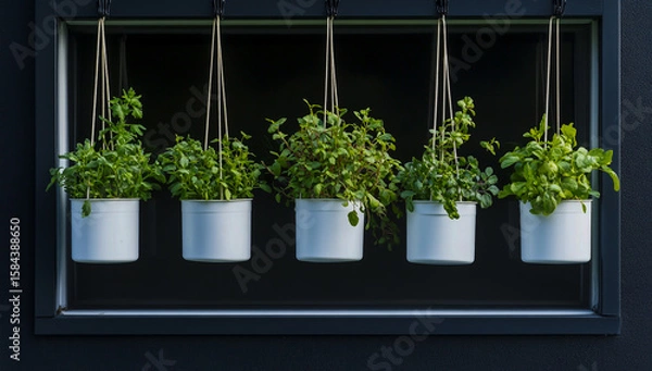 Fototapeta Five white canvas hanging planters, filled with a variety of fresh herbs, hang in front of a window and are placed against a matte black wall,