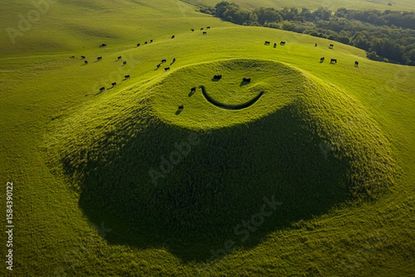 Fototapeta From the sky, smiling mountains rising from green grass fields, surrounded by herds of cows, create a peaceful rural landscape.