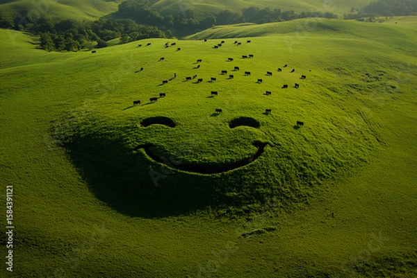 Fototapeta From the sky, smiling mountains rising from green grass fields, surrounded by herds of cows, create a peaceful rural landscape.