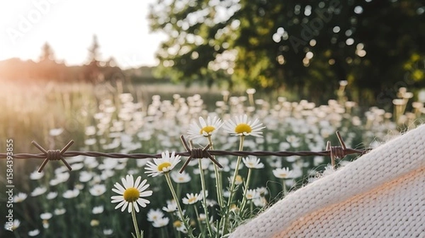 Obraz Knit Sweater Draped on Barbed Wire in a Daisy Field at Sunset