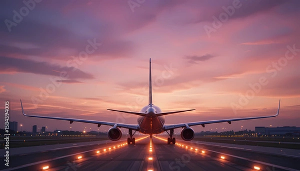 Fototapeta Airplane preparing for takeoff at sunset with runway lights and a colorful sky in the background
