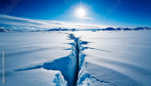 Fototapeta In the center of an endless white snowfield, a deep crack stretches infinitely, allowing bright sunlight to enter, illuminating the serene winter landscape.