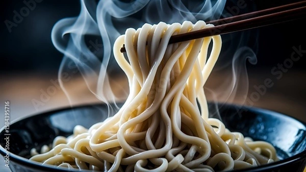Obraz Steaming Noodles with Chopsticks in Black Bowl